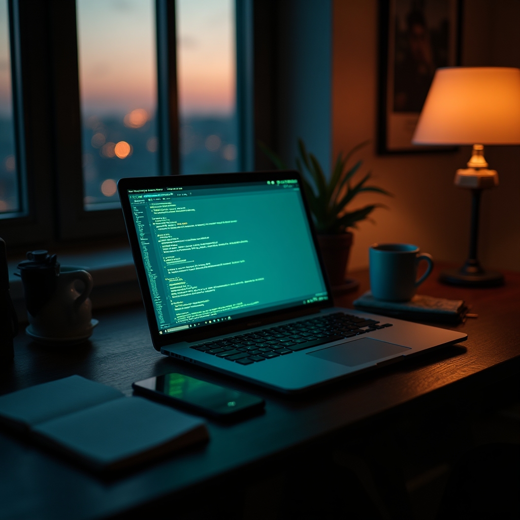 Escritorio con laptop mostrando una terminal, ambiente cálido de reflexión personal