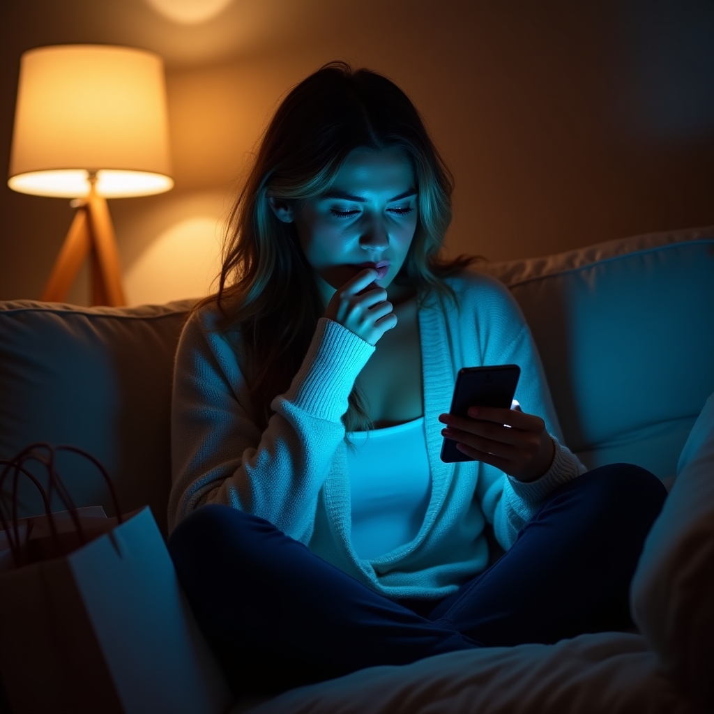 Persona comprando por impulso en su teléfono durante la noche