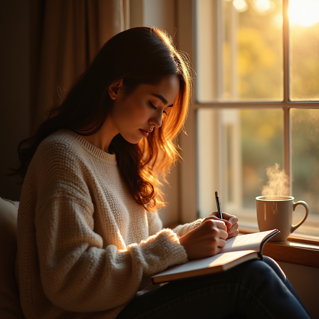 Persona reflexionando junto a una ventana con luz cálida